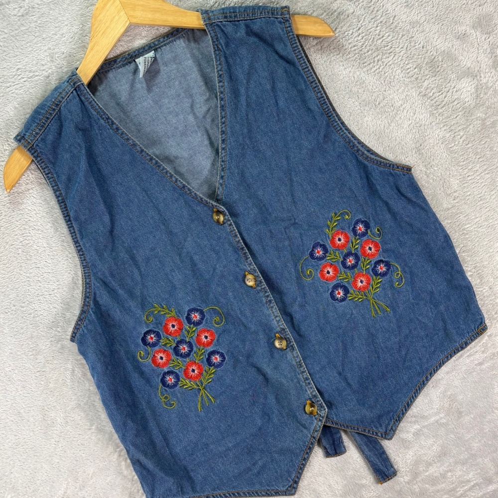 Vtg Denim Jazz Women's Denim Vest Blue Floral Embroidered Button Front Sz Medium